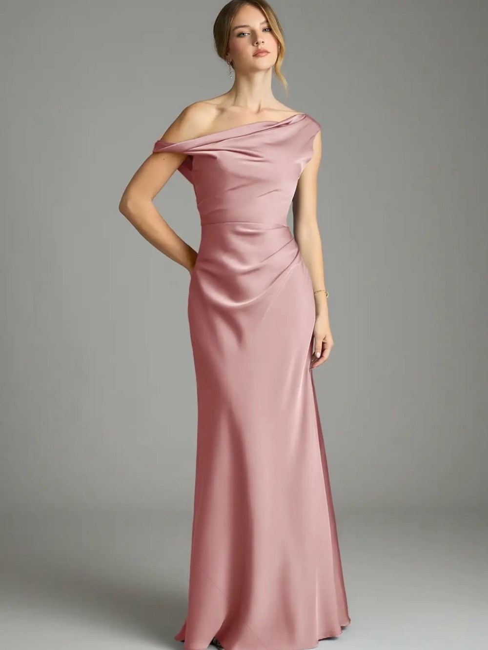 Azazie One-Shoulder Satin Gown in Dusty Rose